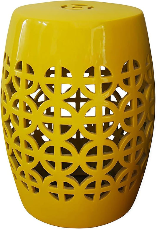 Decorative Ceramic Garden Stool, Hand-Crafted Outdoor Side Table, Shoe Changing Drum Stool for Patio, Living Room Accent Furniture(Yellow 3)