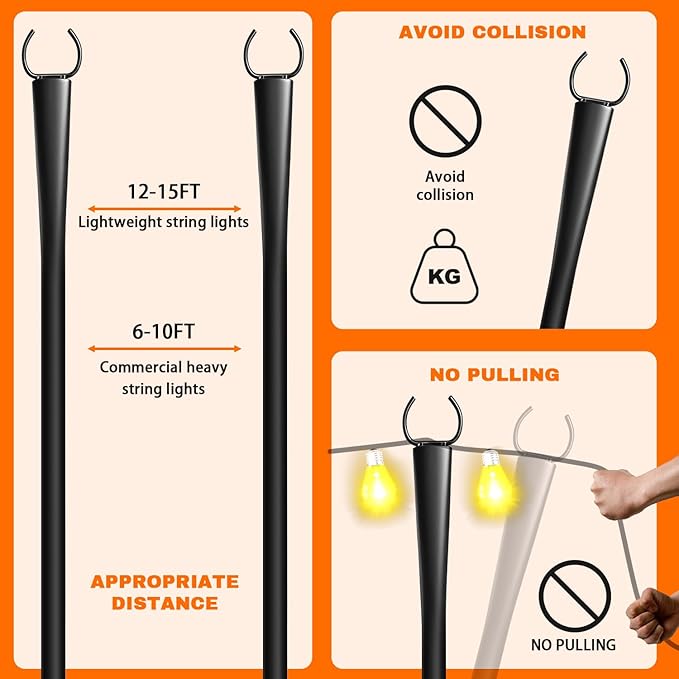 4 Pack 10Ft String Light Poles, Metal Poles with Fork for Outside Lights,Outdoor Metal Light Stand with Fence Brackets Hanging Lights for Garden Patio Wedding Backyard