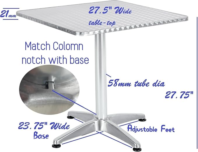 BTEXPERT 27.5" Square Indoor Outdoor Bistro Table – Stainless Steel Top, Aluminum Base, Commercial Restaurant Patio Table for Café, Balcony, Garden, Dining