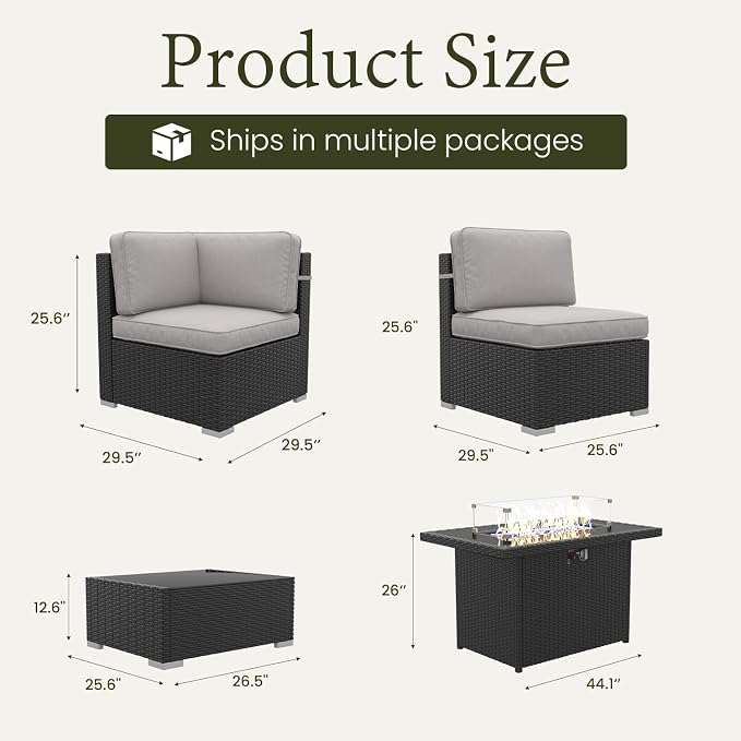 LayinSun 8 Piece Patio Furniture Set with 44" Propane Gas Fire Pit Table, Outdoor Sectional Conversation Set Wicker Rattan Sofa Set with Coffee Table