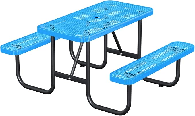 4FT/48IN Heavy Duty Outdoor Picnic Table and 2 Benches for 2-6 People, Weather Resistant Rectangular Steel Picnic Table Set with Umbrella Hole for Yard Patio Lawn Party Blue