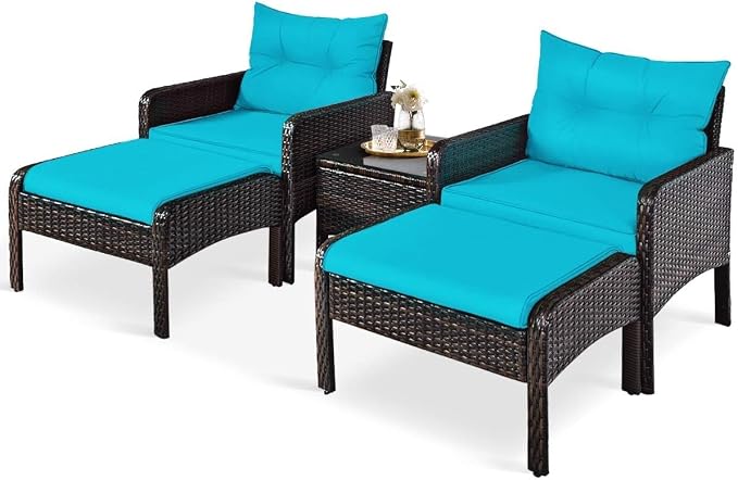 HAPPYGRILL 5-Pieces Patio Furniture Set Outdoor Rattan Wicker Conversation Set with Coffee Table Cushioned Sofas and Ottoman Chat Set for Garden Backyard