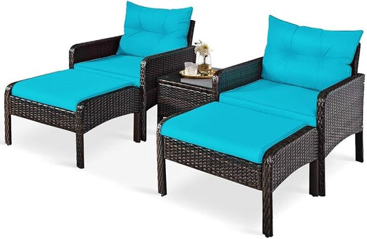 HAPPYGRILL 5-Pieces Patio Furniture Set Outdoor Rattan Wicker Conversation Set with Coffee Table Cushioned Sofas and Ottoman Chat Set for Garden Backyard