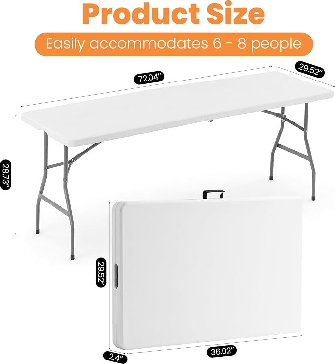 6 FT Folding Table Set with 6 White Plastic Folding Chairs, Heavy Duty Fold-in-Half Utility Table Sets for Picnic, Event, Training, Outdoor Activities, at Home and Commercial Use