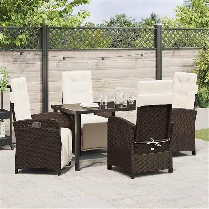 Afuera Living 5 Piece Poly Rattan Patio Dining Set, Brown Finish, Tempered Glass Top, Weather-Resistant, Ergonomic Cushions, Track Armrests, Sleek Design for Outdoor Garden or Patio Dining