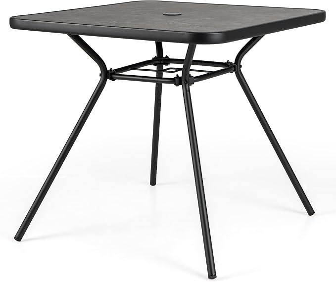 Tangkula 32-Inch Square Patio Dining Table for 4, Outdoor Bistro Table with Umbrella Hole, DPC Tabletop & Heavy-Duty Metal Frame, 4-Person Outside Table for Backyard, Porch, Poolside, Deck