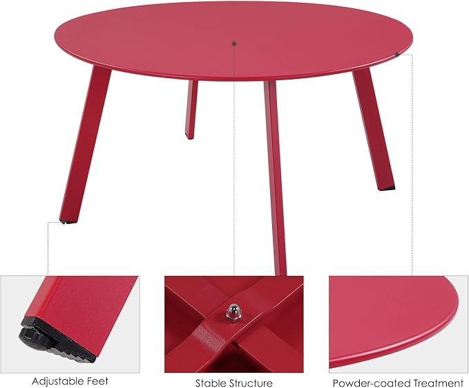 Grand patio Outdoor Side Table, 28-inch Powder Coated Steel Round Coffee Table for Porch, Deck, Balcony, Poolside, Dark Red