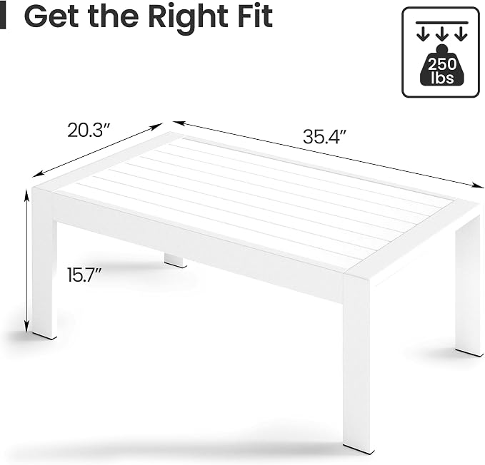 Kiss the Water Aluminum Patio Coffee Table – All-Weather Outdoor Table with Sturdy Metal Frame, Perfect for Backyard, Porch, Garden, Poolside, and Balcony, White