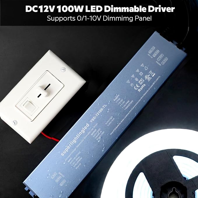 12VDC 100W UL-Listed 0-10V&TRIAC Dimmable Waterproof IP67 Thinner Power Supply 110V to 12V Low Voltage Transformer for IP68 LED Strip Lights,Outdoor LED Pool Underwater, Wash Wall, Fountain Lights