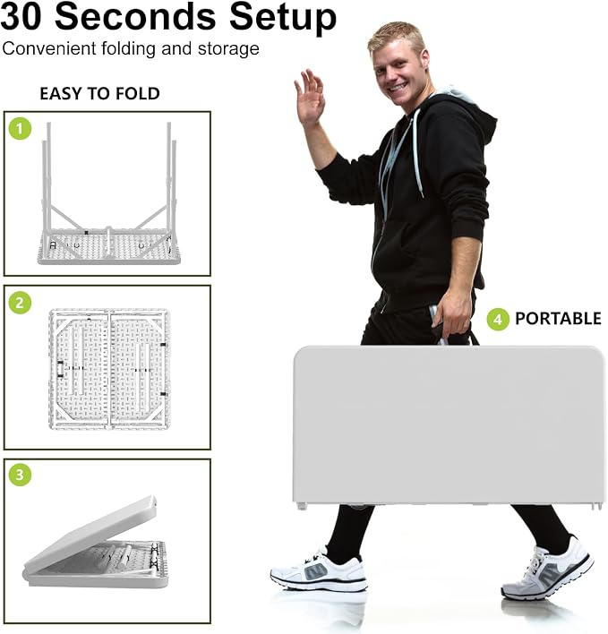 34" Folding Table, Portable Square Folding Card Table, Picnic Tables with Collapsible Legs & Carrying Handle (White, 1 Pack)