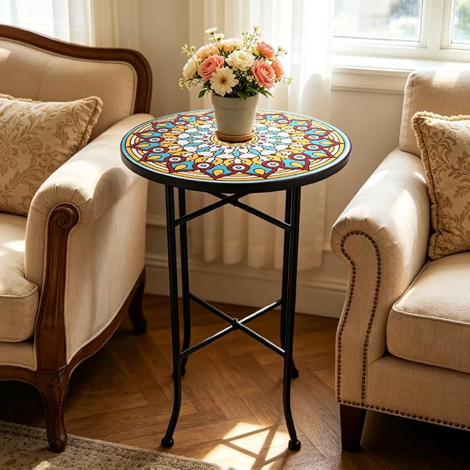 Mosaic Outdoor Side Table Small Round Patio Table Plant Stand | 21" Accent End Table with 14" Ceramic Tile Top for Small Spaces Porch Pool Garden Decor Indoor Living Room Bedroom Balcony