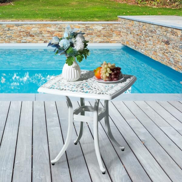 Patio Cast Aluminum Side Table with Umbrella Hole, Outdoor End Table Small Square Coffee Table for Backyard, Garden, Porch, Balcony, Pool Side, Indoor, White
