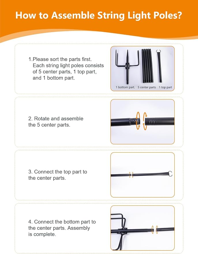 MuliVid 6 Pack 9FT String Light Poles for Outdoor,Metal Lights Hanging Pole Outside with Fork,Light Stand for Patio, Pergola, Garden, Backyard, Yard, Camping Party