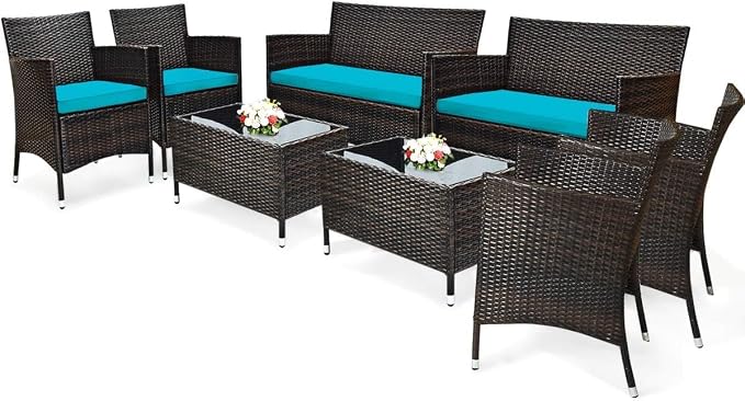 COSTWAY 8PCS Rattan Patio Furniture Set | Outdoor Wicker Rattan Chairs with Coffee Table, Rattan Cushioned Conversation Set for Backyard Balcony Poolside, Turquoise