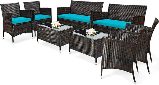COSTWAY 8PCS Rattan Patio Furniture Set | Outdoor Wicker Rattan Chairs with Coffee Table, Rattan Cushioned Conversation Set for Backyard Balcony Poolside, Turquoise