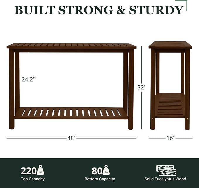 Premium 2-Tier Wooden Console Table with Storage Shelf Solid Eucalyptus Wood 48.03"x 16.14"x 31.1" Entryway Sofa Table for Hallway, Living Room (Brown)