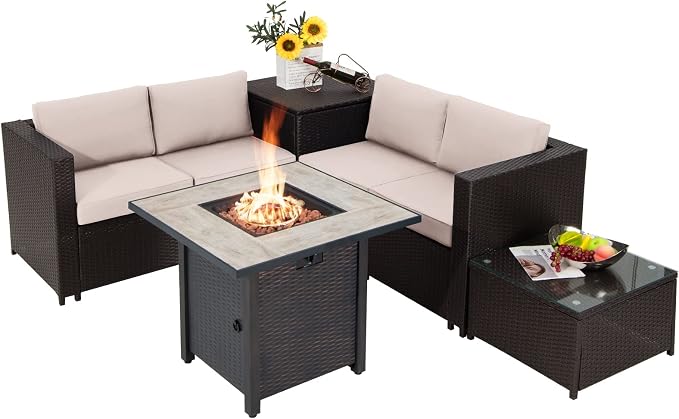 COSTWAY 5 Piece Patio Furniture Set with 30'' Fire Pit Table, Outdoor Wicker Rattan Loveseat Sofa with 4'' Thickened Cushions, 2 Side Tables, Sectional Conversation Set for Backyard (Beige)