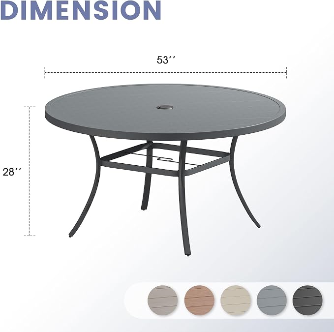 VICLLAX 50" Round Patio Table, Outdoor Dining Table for 6 with Umbrella Hole for Garden Lawn Deck Backyard, Dark Grey