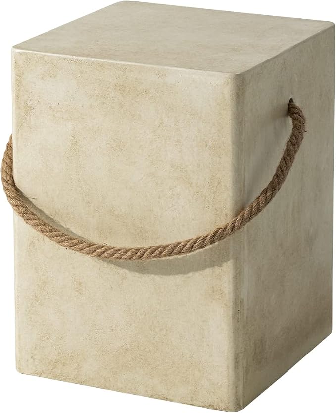 HOMPUS Outdoor Side Table w Hemp Rope Handle, Patio MgO Concrete Natural End Table, Square Accent Table, Small Coffee Table for Garden, Patio, Porch and Deck, Warm Grey