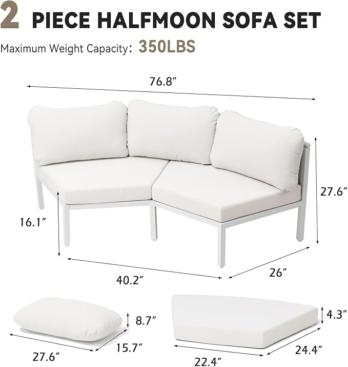 Crestlive Products Curved Patio Furniture Set, Modular Half Moon 2-Seater Sofa, Aluminum Outdoor Sectional with 5-Inch Water-Resistant Cushions, All Weather Couch for Backyard, Deck, Porch, Poolside