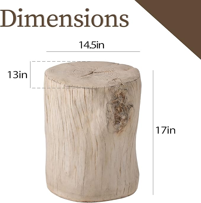COSIEST Outdoor Antique Cream Side Table Faux Wood, Hand-Painted Wood Stump Stool, Ottomans, Plant Stand, Deck or Garden