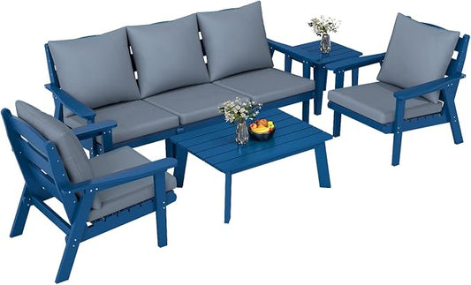 FOOWIN 7-Piece Patio Furniture Set, HDPE All-Weather Outdoor Conversation Set with Thick Cushions, Sectional Patio Sofa Furniture for Deck, Porch, Lawn, Garden, Navy Blue Frame & Grey Cushion