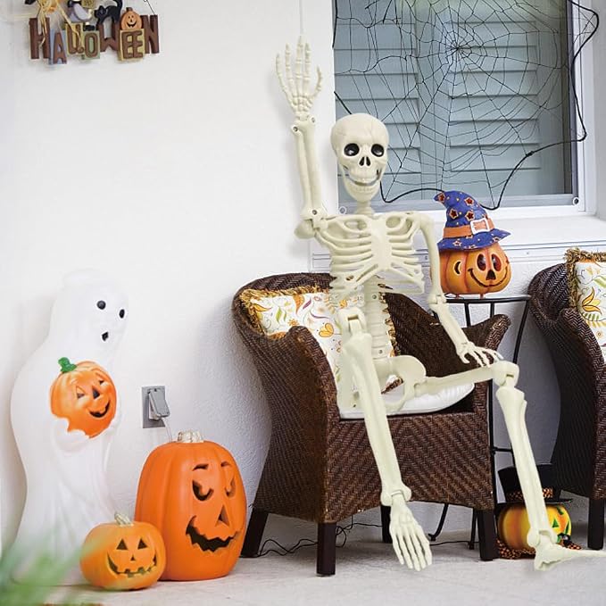 2 Pack 36in Posable Plastic Skeleton Halloween Decor - 3 ft Halloween Decor | Full Body Plastic Skeletons with Posable Joints, Perfect for Spooky Halloween Yard Patio Lawn Indoor Decor Party Photo Props