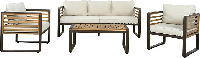 Merax 4-Piece Large Size Outdoor Conversation Sofa Set, Metal and Acacia Wood Frame Sofa with Removable Cushions, Waterproof & UV-Resistant, 5-Person Patio Furniture for Garden Backyard, Beige+Brown