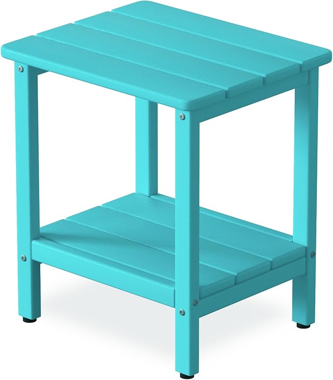 Outdoor Side Table, Small Square Patio Side Table with Adjustable Feet, All-Weather HDPE Adirondack End Tables for Porch Deck Balcony Pool, 2-Tier Storage, Easy Maintenance, Aruba Blue