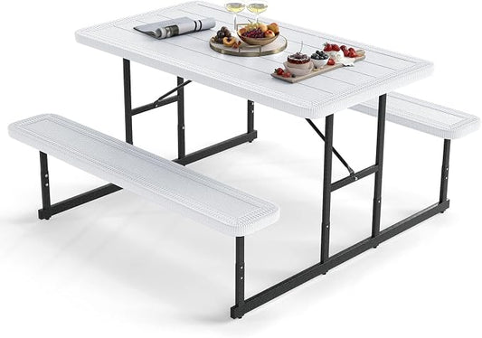 Byroce Outdoor Picnic Table for 4 Person, Rectangular Picnic Camping Table Set with Long Benches, Umbrella Hole & Metal Frame, Heavy Duty HDPE Dining Table Chairs for Patio, Yard & Poolside (White)