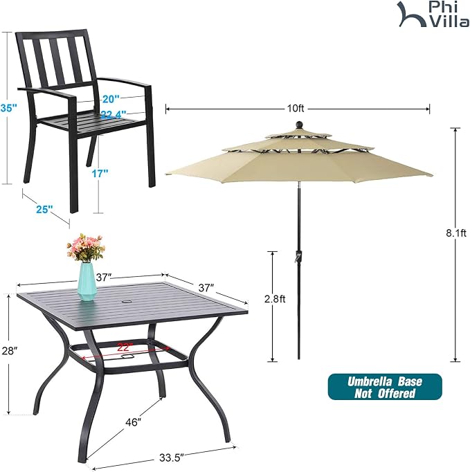 PHI VILLA 5 Pcs Outdoor Dining Set with 10ft Umbrella | 37" Square Metal Dining Table & 4 Stacking Metal Chair with 3 Tier Red Umbrella for Patio, Deck, Yard, Porch