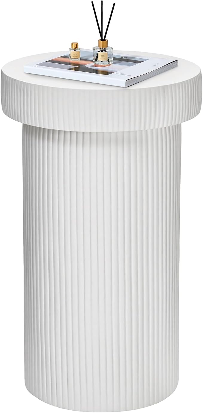24" Pedestal Side Table, 3-in-1 Durable Lightweight Round Coffee Table, Decorative Patio Accent End Table Fluted Garden Stool Art Decor for Poolside, Balcony, Living Room, White