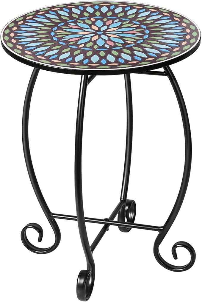 14" Round End Table, Unique Relief Ceramic Tile Tabletop with Metal Frame, Metal Scrollwork Accent Side Table