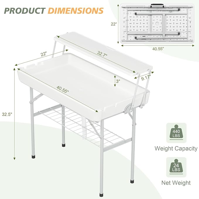 LHBcraft Outdoor Ice Cooler Folding Table with Extra Storage Shelf,Ice Tables for Parties with Drain,Cooler Server for Camping, Picnic, Wedding, BBQ (White)