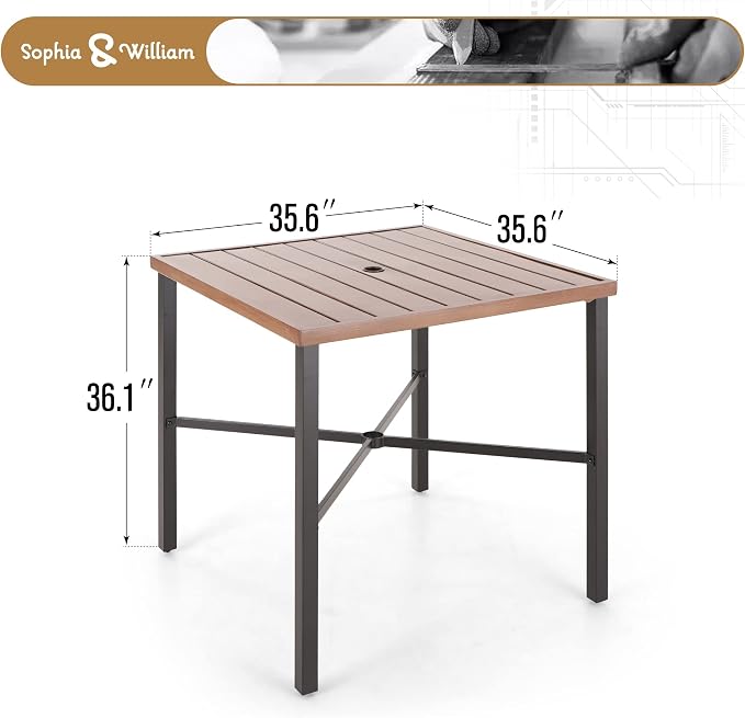 Sophia & William Patio Bar Table Outdoor Metal Square Bar Height Dining Table with 1.61’’ Umbrella Hole