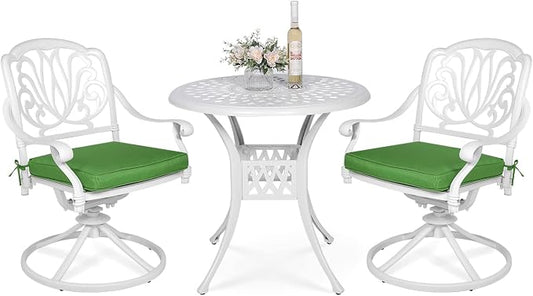 VIVIJASON 3-Piece Patio Furniture Dining Set, Outdoor All-Weather Cast Aluminum Bistro Set, Include 2 Swivel Chairs and 31" Round Table w/Umbrella Hole for Balcony, Lawn, Garden, Backyard, White