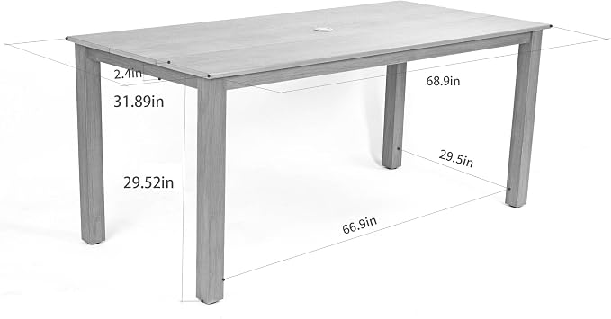 68.9” Outdoor Dining Table, Wooden Patio Table, Outdoor Furniture with Umbrella Hole, 6 Seater Outside Table for for Garden, Poolside & Backyard,BBQ ect. (Light Gray)