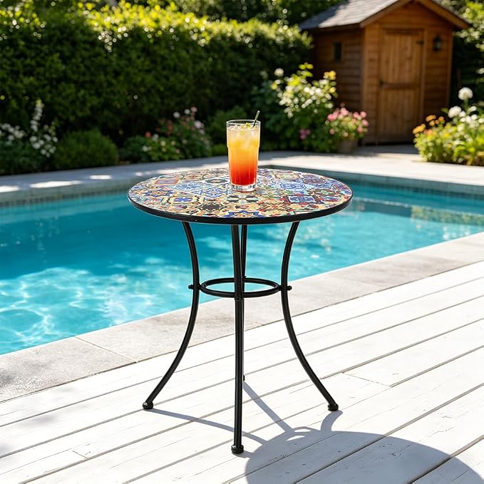 23.6" Outdoor Patio Mosaic Round Table Garden Bistro Accent Table | Ceramic Tile Waterptoof Side End Table Metal Frame Dining Table Furniture for Balcony Backyard Porch Poolside Terrace