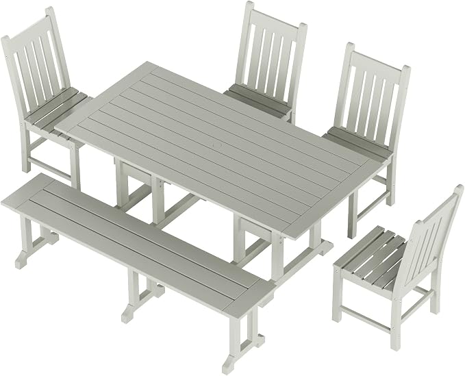 WestinTrends Malibu 6 Piece Outdoor Dining Set with Bench, All Weather Poly Lumber Patio Table and Chairs Set, 71" Trestle Dining Table with Umbrella Hole, 5 Patio Chairs with Bench, Sand