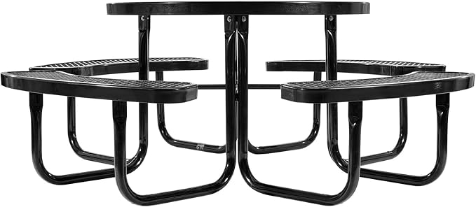 VEVOR Heavy-Duty Picnic Table, Outdoor Furniture Weather Resistant Patio Dining Set, Coated Steel Tables with Umbrella Hole, 46" Round Table and Bench Set, for Garden, Backyard, Porch (Black)