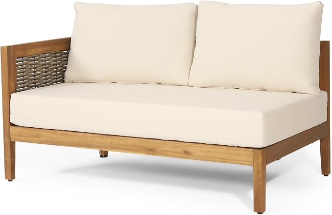 Merax Rattan Outdoor Acacia Wood V-Shaped Sectional Sofa with Cushions | All-Weather Patio Sofa Conversation Set for Porch, Lawn, Backyard, Balcony, Teak