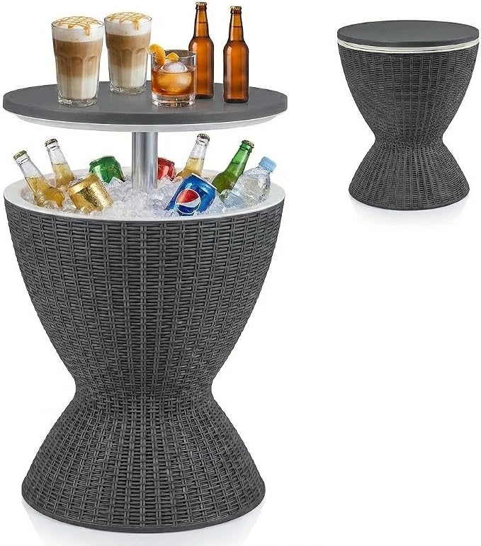 LDAILY Outdoor Cooler Bar Table, 8 Gallon Outdoor Patio Cooler Table with Rattan Style Patio, Drain Plug, Adjustable Height, All-Weather Ice Bucket for Poolside, Beer and Wine Cooler(Grey)