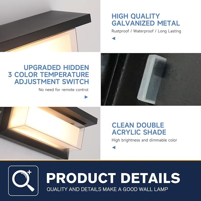 2-Pack 24W LED Outdoor Wall Lights,Exterior/Interior 3-Color Adjustable Sconces Lights, IP65 Waterproof 2100LM, Modern Wall Mount Lighting Fixtures, Aluminum Wall Lights,Compatible with Dimmers