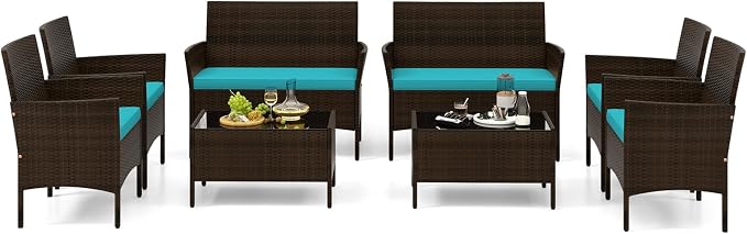 Tangkula 8 Piece Patio Rattan Conversation Set, Outdoor Wicker Furniture Set with Chair, Loveseat & Tempered Glass Table, Cozy Seat Cushions, Outside Sectional Sofa Set for Backyard (2,Turquoise)