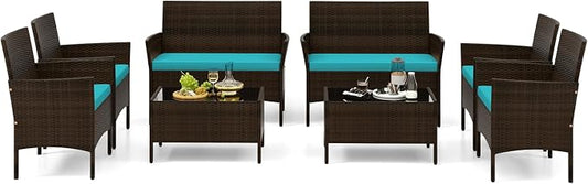 Tangkula 8 Piece Patio Rattan Conversation Set, Outdoor Wicker Furniture Set with Chair, Loveseat & Tempered Glass Table, Cozy Seat Cushions, Outside Sectional Sofa Set for Backyard (2,Turquoise)
