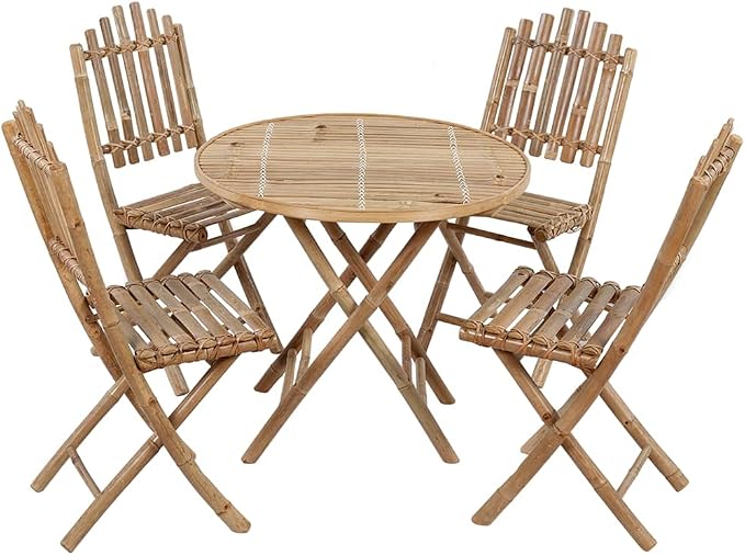 Foldable Bamboo Dining Set with Cushions, 5 Piece Folding Patio Dining Set for Al Fresco