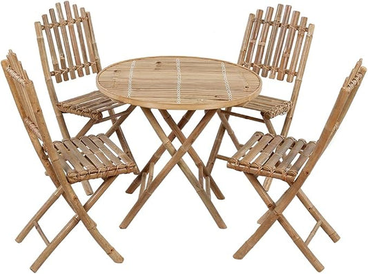 Foldable Bamboo Dining Set with Cushions, 5 Piece Folding Patio Dining Set for Al Fresco