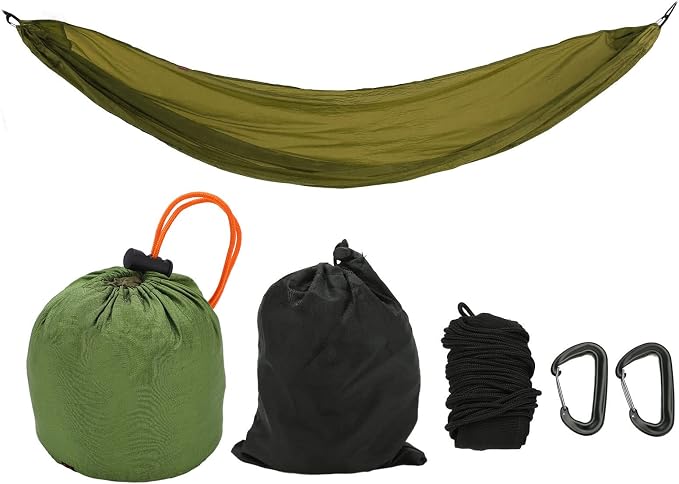 Portable Parachute Camping Hammock, Lightweight Outdoor Hammock with Aluminum Snap Hooks and Storage Bag, Compact Foldable Hammock for Hiking Travel Picnics (Army Green)