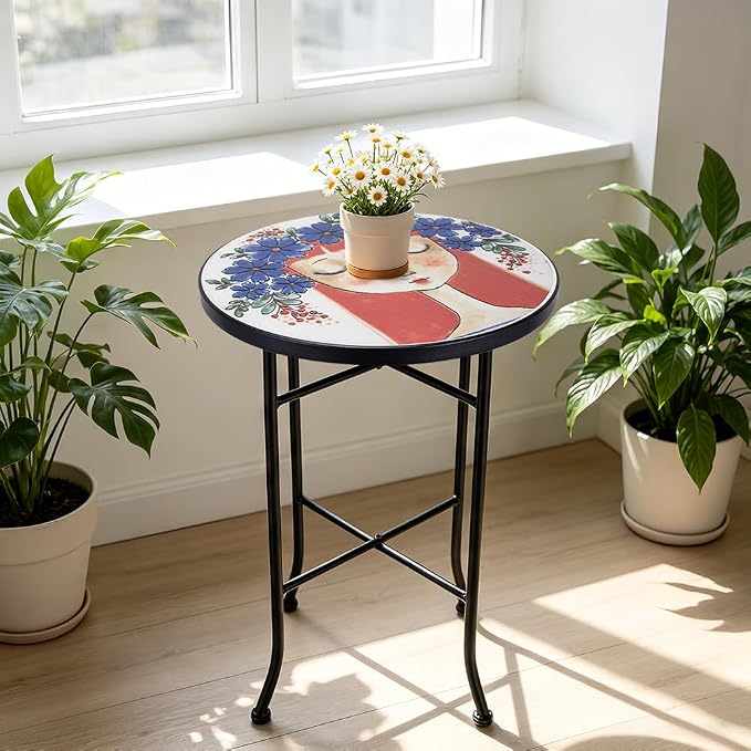 14 Inch Mosaic Patio Side Table with X-Straight Legs, Indoor Outdoor Accent Round End Table with Ceramic Tile Tops for Yard, Garden, Living Room, Bistro, A - Red Hair Girl