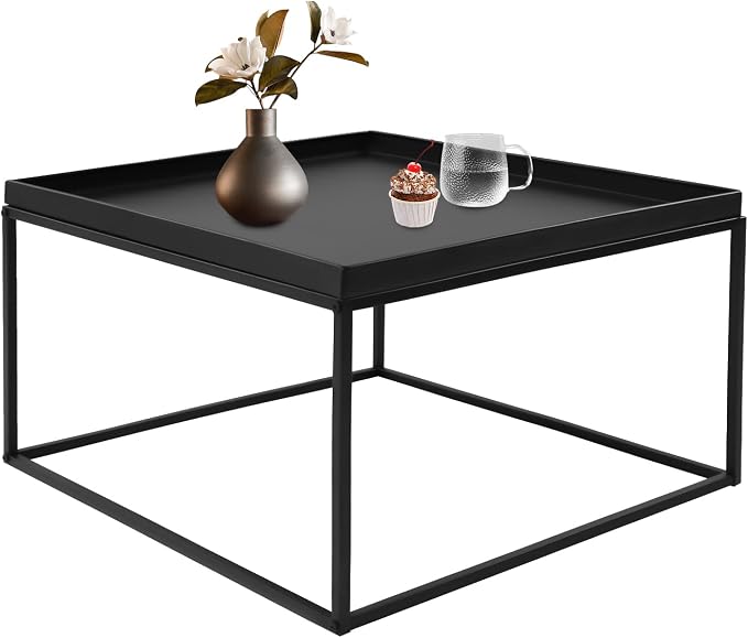 Tray Metal End Table, Sofa Table Small Side Table, Accent Coffee Table, Waterproof Outdoor & Indoor Snack Table, 23.2" L x 23.2" W x 14.2" H, Black